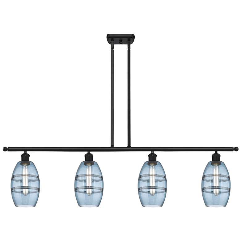Image 1 Ballston Vaz 48"W 4-Light Black Stem Island Light w/ 6" Blue Shad