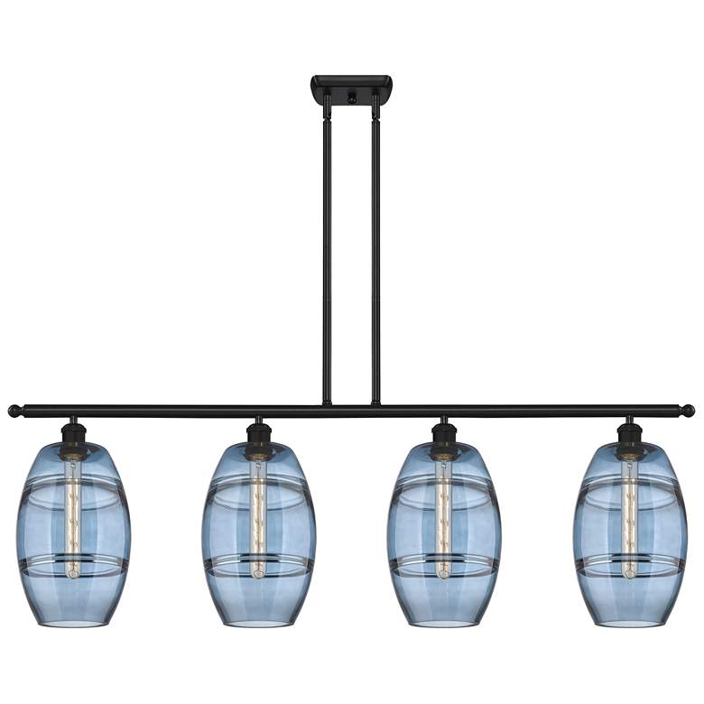 Image 1 Ballston Vaz 48"W 4-Light Black Stem Island Light w/ 8" Blue Shad
