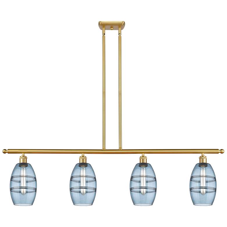 Image 1 Ballston Vaz 48"W 4-Light Gold Stem Island Light w/ 6" Blue Shade