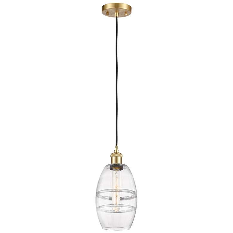 Image 1 Ballston Vaz 5.88" Wide Satin Gold Cord Hung Mini Pendant With Clear S