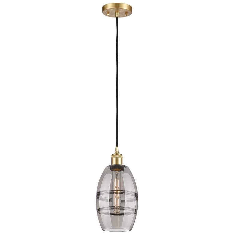Image 1 Ballston Vaz 5.88" Wide Satin Gold Corded Mini Pendant w/ Light Smoke