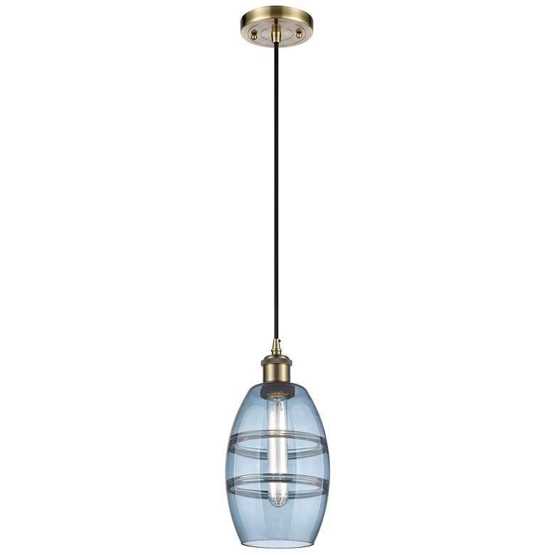Image 1 Ballston Vaz 5.88"W Antique Brass Corded Mini Pendant w/ Blue Shade