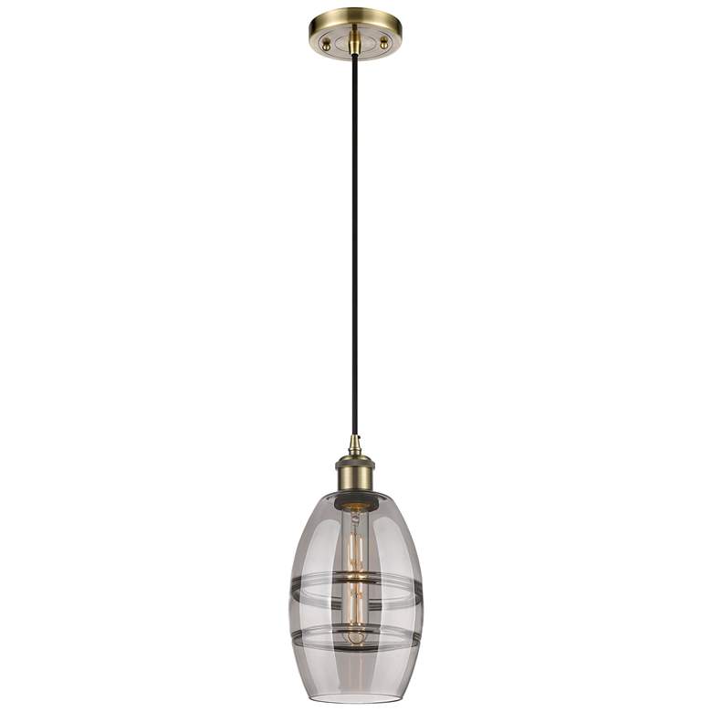Image 1 Ballston Vaz 5.88"W Antique Brass Corded Mini Pendant w/ Light Smoke S