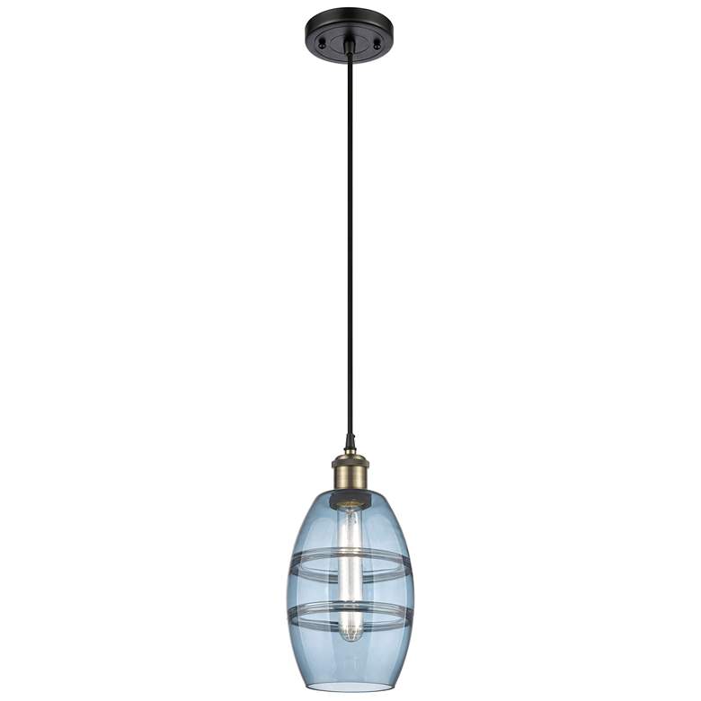 Image 1 Ballston Vaz 5.88"W Black Antique Brass Corded Mini Pendant w/ Blue Sh