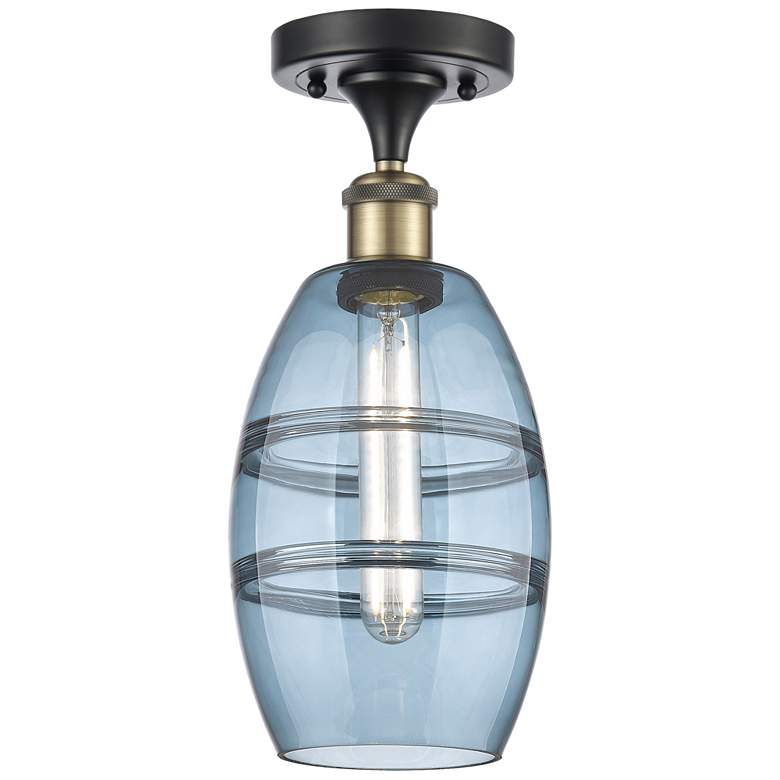 Image 1 Ballston Vaz 5.88"W Black Antique Brass Semi-Flush w/ Princess Blue Sh