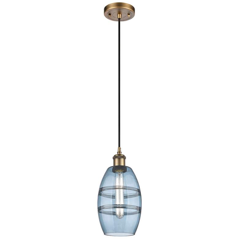 Image 1 Ballston Vaz 5.88"W Brushed Brass Corded Mini Pendant w/ Blue Shade