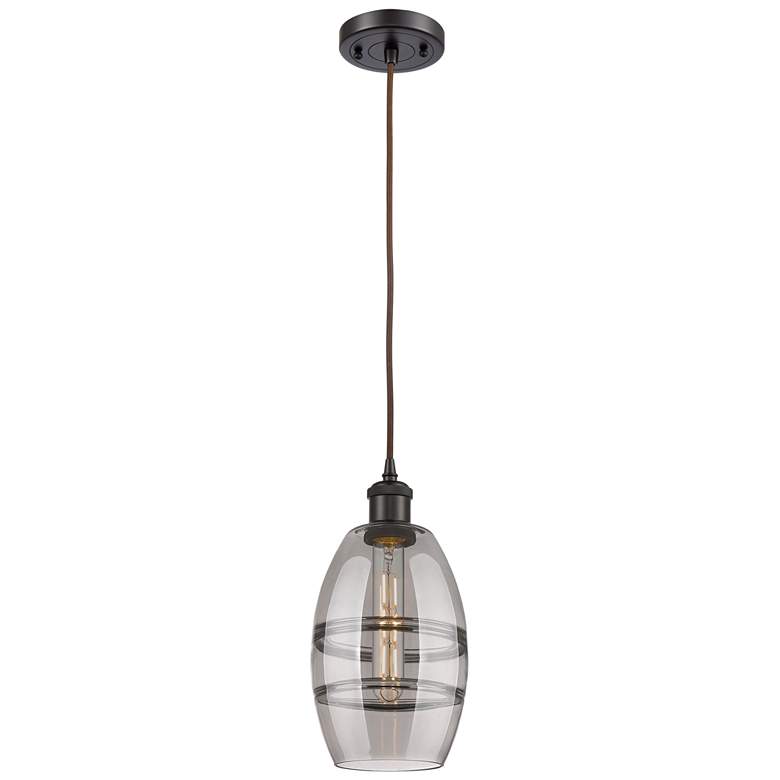 Image 1 Ballston Vaz 5.88"W Oiled Bronze Corded Mini Pendant w/ Light Smoke Sh