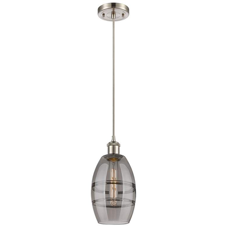 Image 1 Ballston Vaz 5.88"W Satin Nickel Corded Mini Pendant w/ Light Smoke Sh
