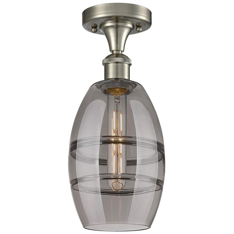 Image 1 Ballston Vaz 5.88"W Satin Nickel Semi-Flush Mount w/ Light Smoke Shade