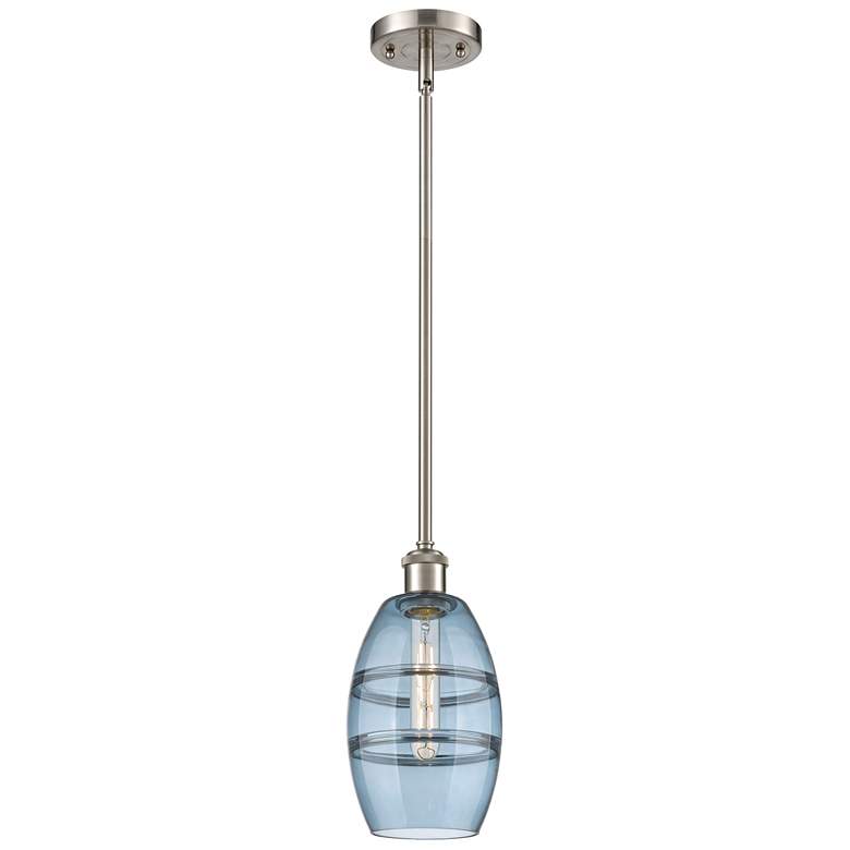 Image 1 Ballston Vaz 5.88"W Satin Nickel Stemmed Mini Pendant w/ Blue Shade
