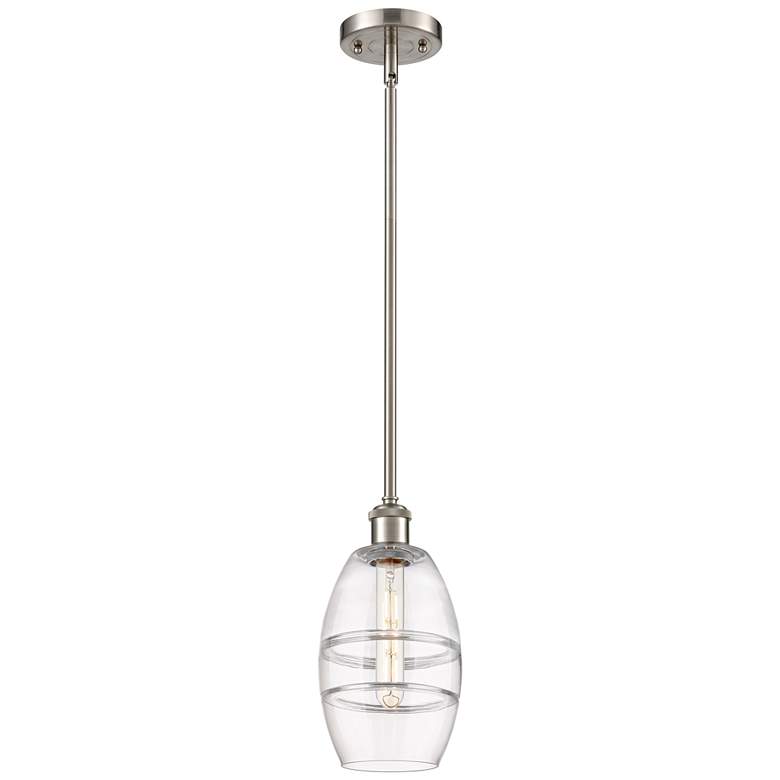 Image 1 Ballston Vaz 5.88"W Satin Nickel Stemmed Mini Pendant w/ Clear Shade