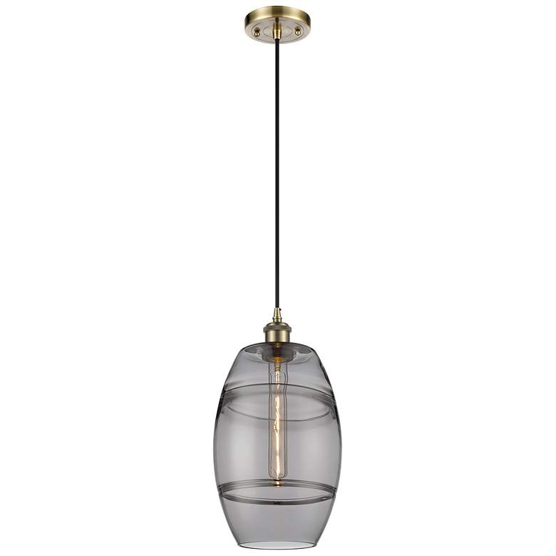 Image 1 Ballston Vaz 8" Wide Antique Brass Corded Mini Pendant w/ Light Smoke