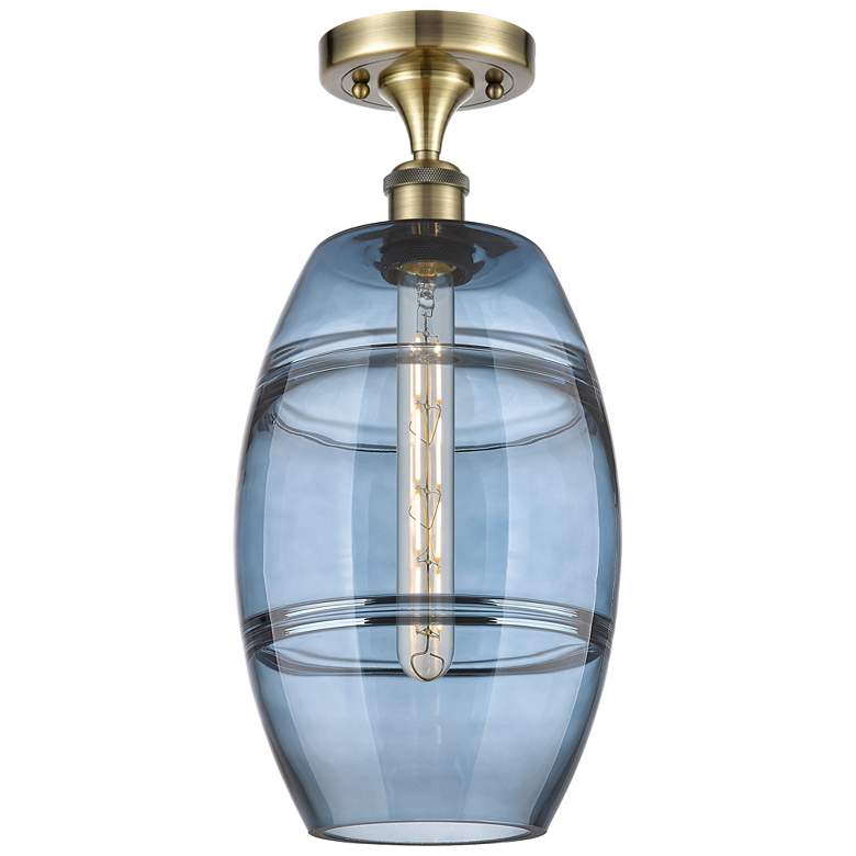 Image 1 Ballston Vaz 8" Wide Antique Brass Semi-Flush Mount w/ Princess Blue S