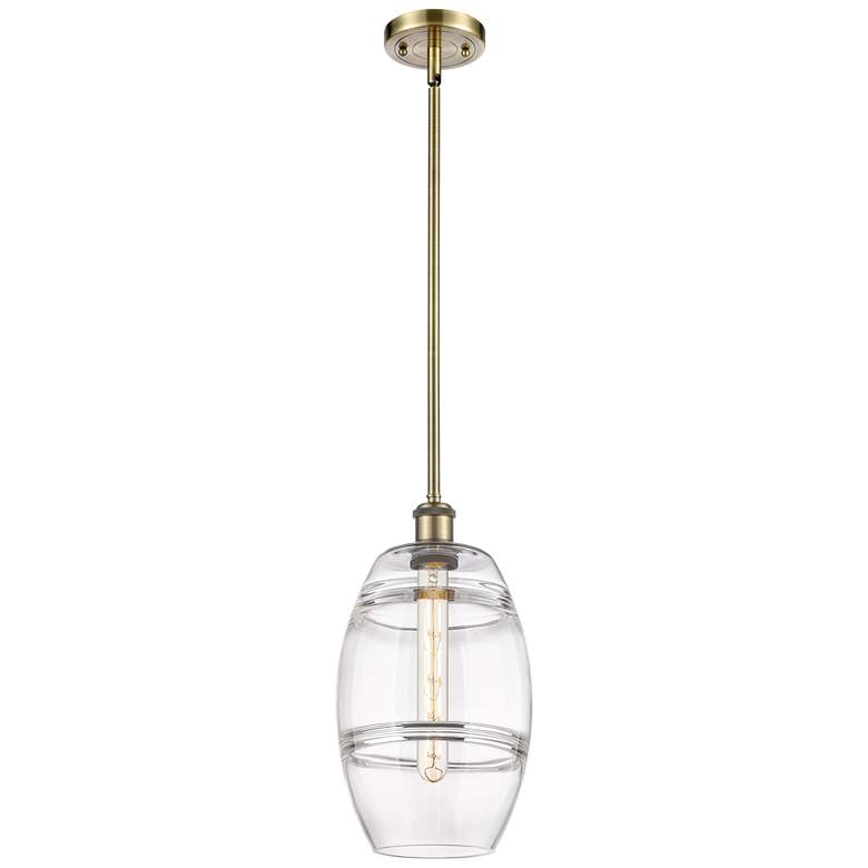 Image 1 Ballston Vaz 8" Wide Antique Brass Stem Hung Mini Pendant With Clear S