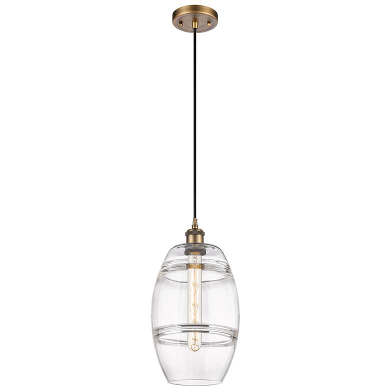 Image 1 Ballston Vaz 8" Wide Brushed Brass Cord Hung Mini Pendant With Clear S