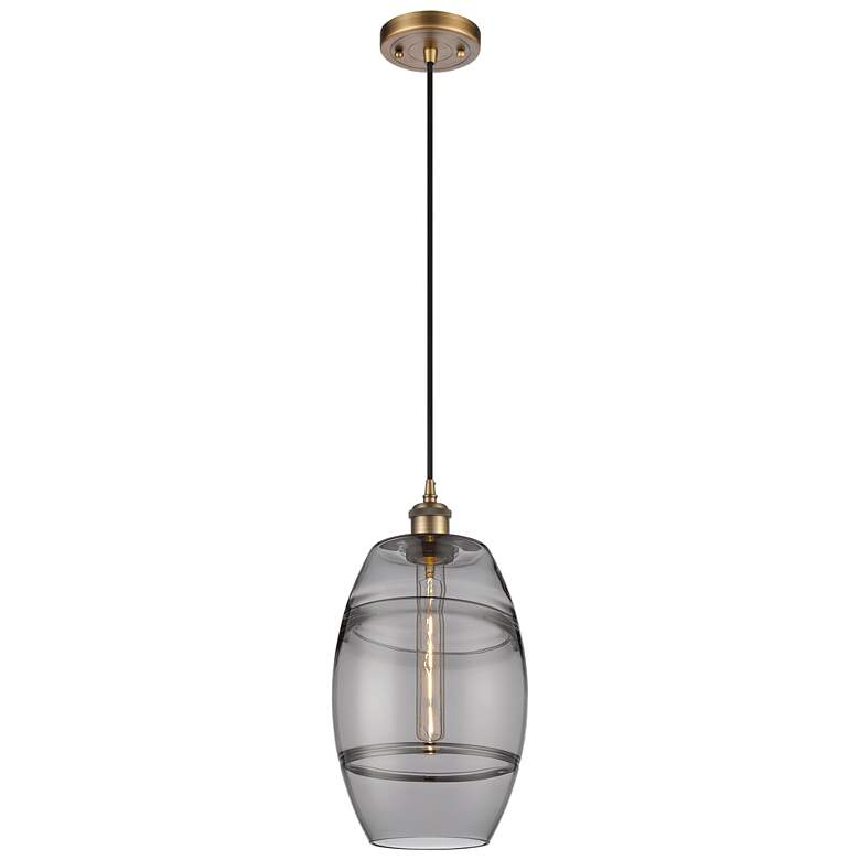 Image 1 Ballston Vaz 8" Wide Brushed Brass Corded Mini Pendant w/ Light Smoke
