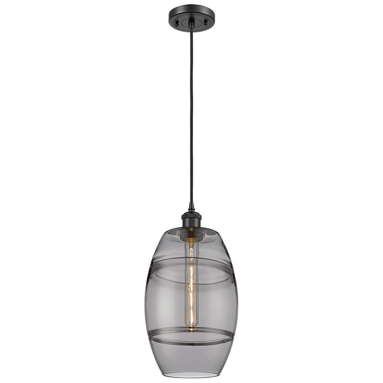 Image 1 Ballston Vaz 8" Wide Matte Black Corded Mini Pendant w/ Light Smoke Sh