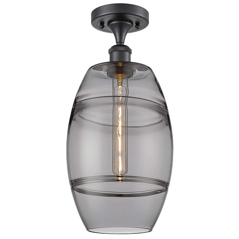 Image 1 Ballston Vaz 8" Wide Matte Black Semi-Flush Mount With Light Smoke Sha