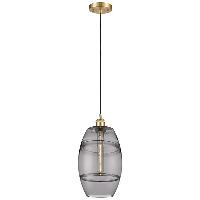 Image 1 Ballston Vaz 8" Wide Satin Gold Cord Hung Mini Pendant w/ Light Smoke