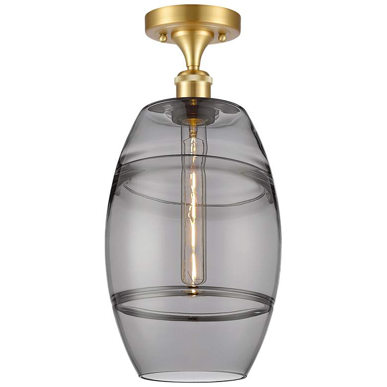 Image 1 Ballston Vaz 8" Wide Satin Gold Semi-Flush Mount With Light Smoke Shad