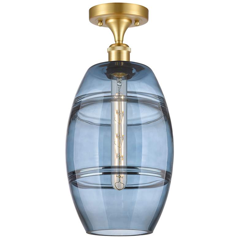 Image 1 Ballston Vaz 8" Wide Satin Gold Semi-Flush Mount With Princess Blue Sh