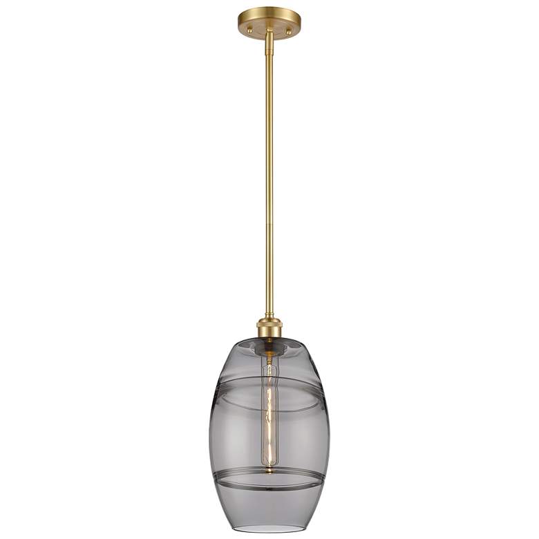 Image 1 Ballston Vaz 8" Wide Satin Gold Stem Hung Mini Pendant w/ Light Smoke