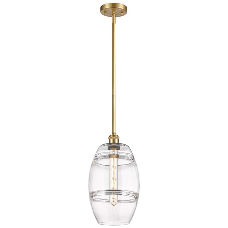 Image 1 Ballston Vaz 8" Wide Satin Gold Stem Hung Mini Pendant With Clear Shad