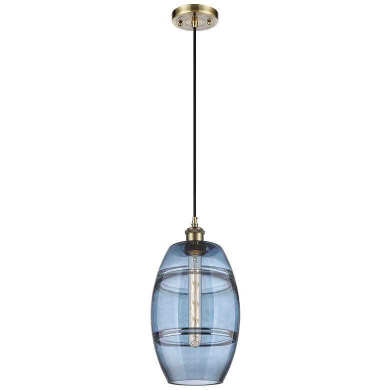 Image 1 Ballston Vaz 8"W Antique Brass Corded Mini Pendant w/ Princess Blue Sh