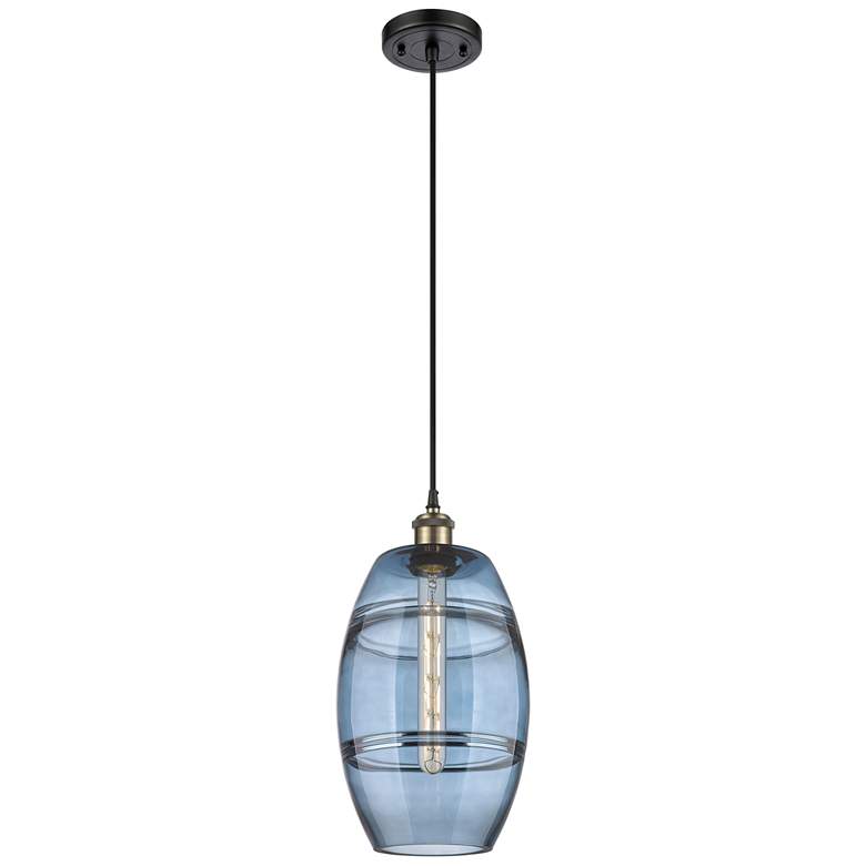 Image 1 Ballston Vaz 8"W Black Antique Brass Corded Mini Pendant w/ Blue Shade