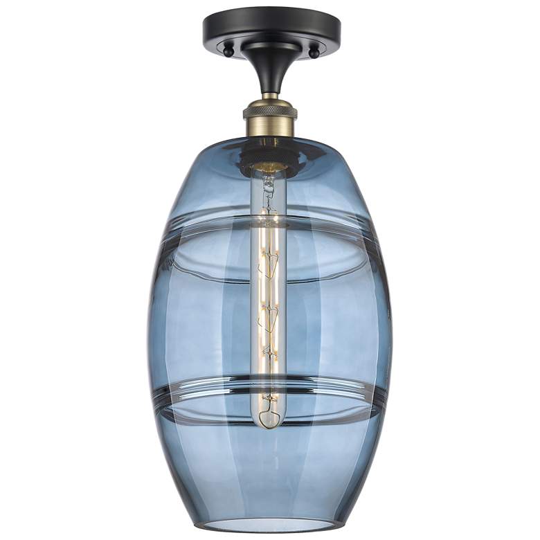Image 1 Ballston Vaz 8"W Black Antique Brass Semi-Flush w/ Princess Blue Shade