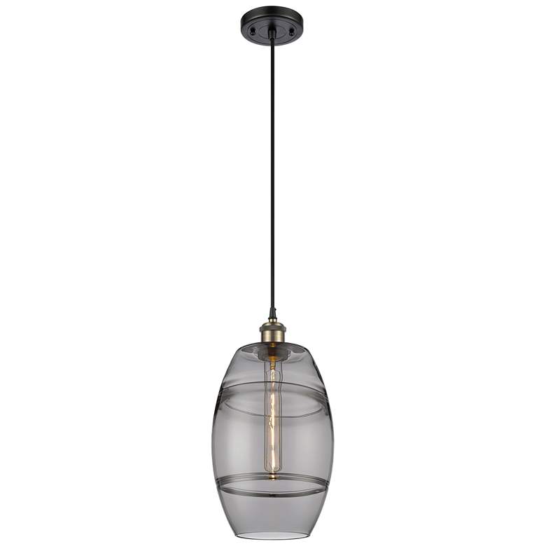 Image 1 Ballston Vaz 8"W Black Brass Corded Mini Pendant w/ Light Smoke Shade