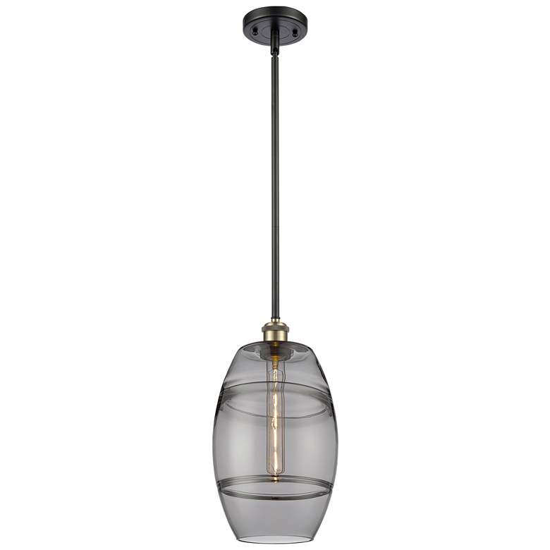 Image 1 Ballston Vaz 8"W Black Brass Stemmed Mini Pendant w/ Light Smoke Shade