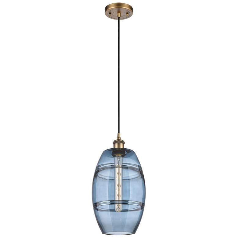 Image 1 Ballston Vaz 8"W Brushed Brass Corded Mini Pendant w/ Princess Blue Sh
