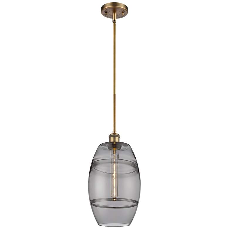 Image 1 Ballston Vaz 8"W Brushed Brass Stemmed Mini Pendant w/ Light Smoke Sha