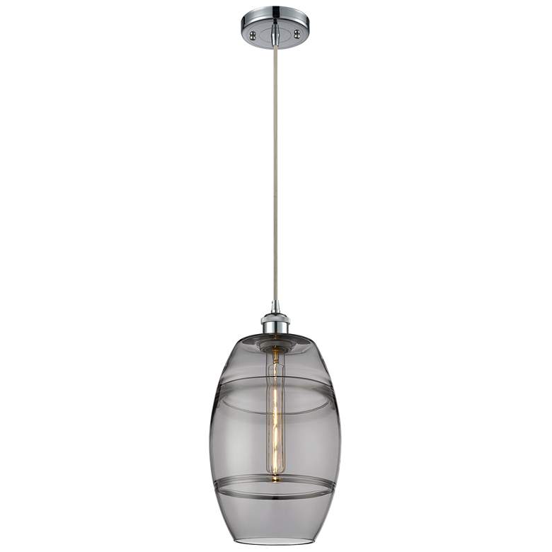 Image 1 Ballston Vaz 8"W Polished Chrome Corded Mini Pendant w/ Light Smoke Sh