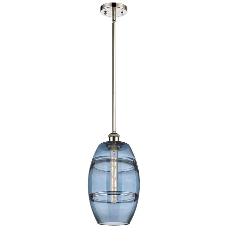 Image 1 Ballston Vaz 8"W Polished Nickel Stemmed Mini Pendant w/ Blue Shade