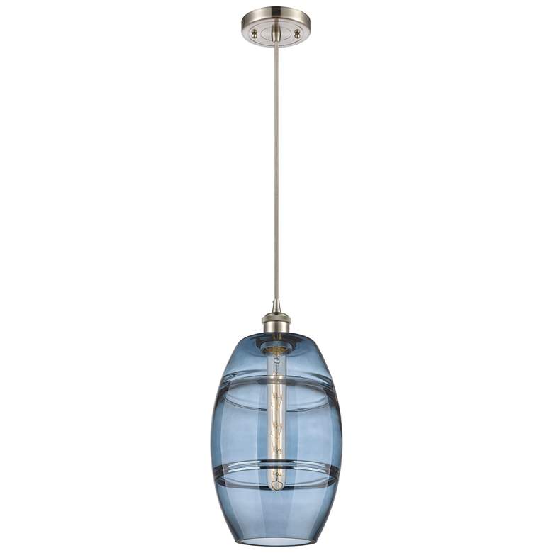 Image 1 Ballston Vaz 8"W Satin Nickel Corded Mini Pendant w/ Princess Blue Sha