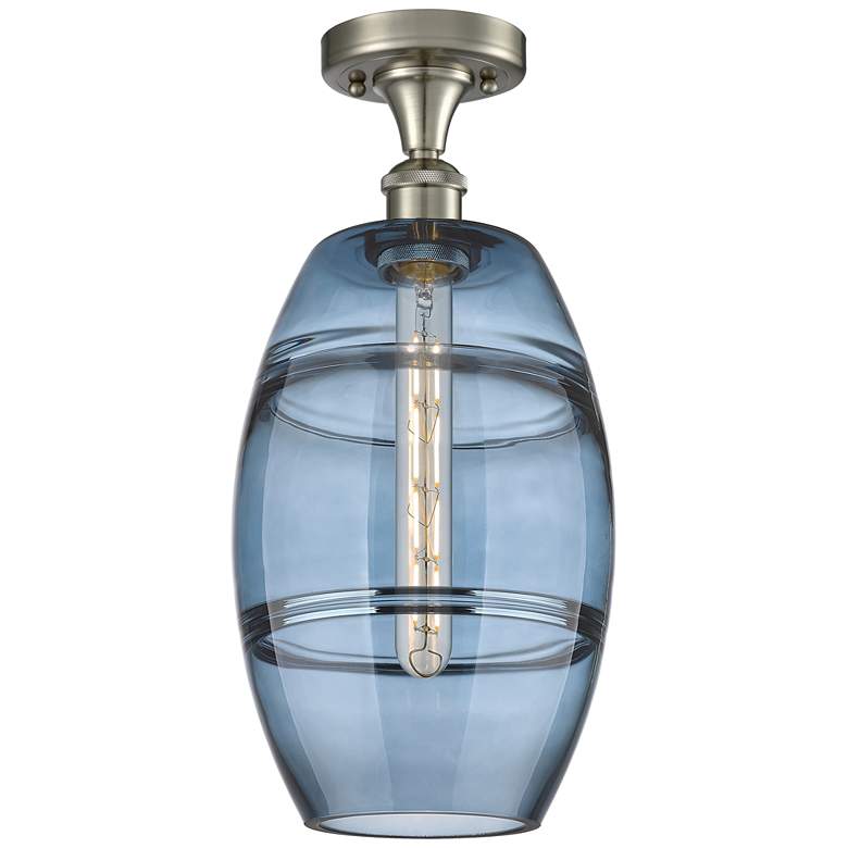 Image 1 Ballston Vaz 8"W Satin Nickel Semi-Flush Mount w/ Princess Blue Shade