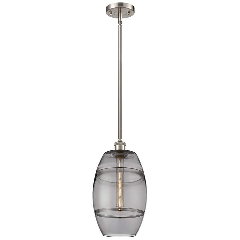 Image 1 Ballston Vaz 8"W Satin Nickel Stemmed Mini Pendant w/ Light Smoke Shad