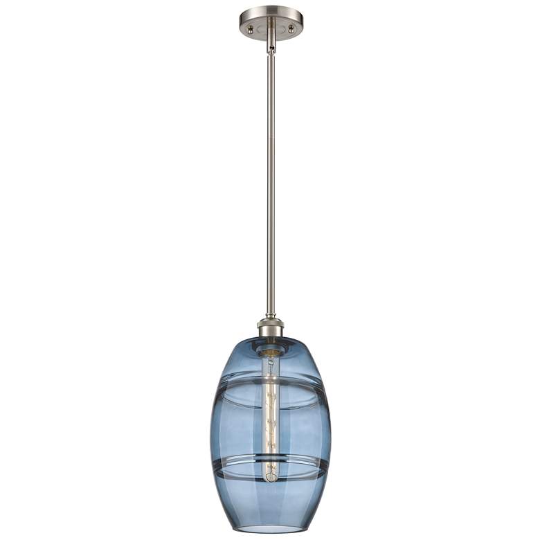 Image 1 Ballston Vaz 8"W Satin Nickel Stemmed Mini Pendant w/ Princess Blue Sh