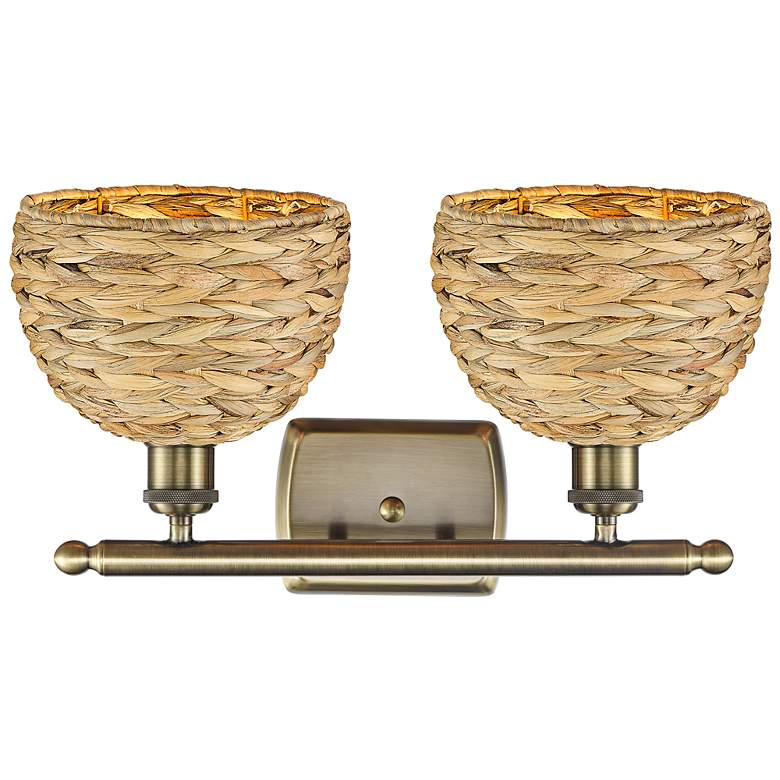 Image 3 Ballston Woven Rattan 12"H Antique Brass 2-Light Wall Sconce more views
