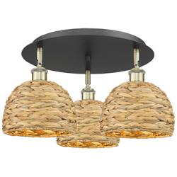 Ballston Woven Rattan 20" Wide 3 Light Black Antique Brass Flush Mount