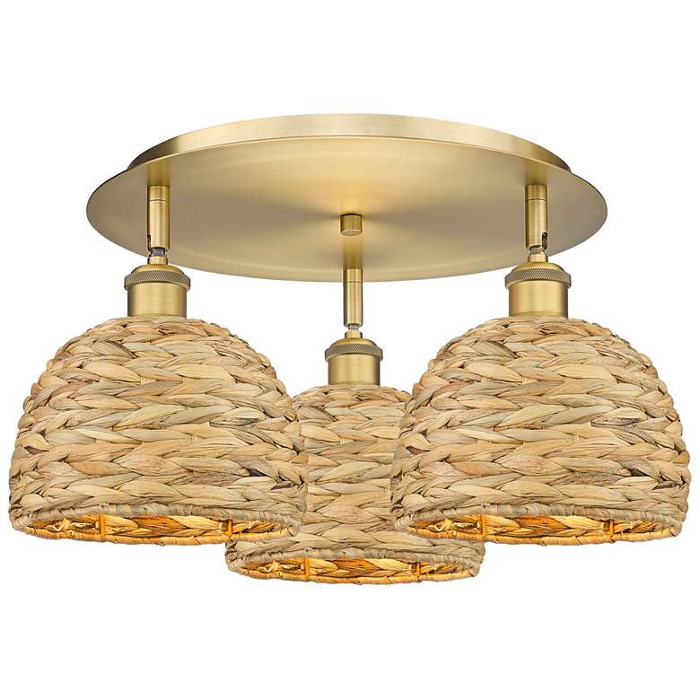 Image 1 Ballston Woven Rattan 20" Wide 3 Light Brushed Brass Flush Mount With