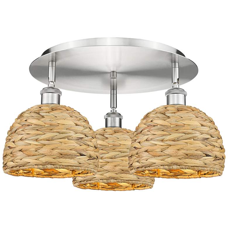 Image 1 Ballston Woven Rattan 20" Wide 3 Light Satin Nickel Flush Mount With