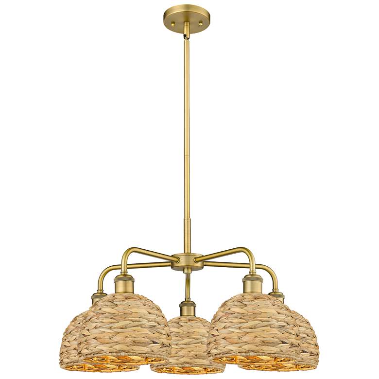 Image 1 Ballston Woven Rattan 27"W 5 Light Brushed Brass Stem Hung Chandelier
