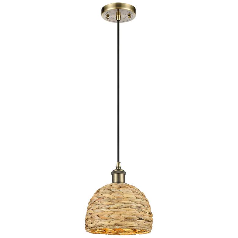 Image 1 Ballston Woven Rattan 8" Wide Antique Brass Mini Pendant