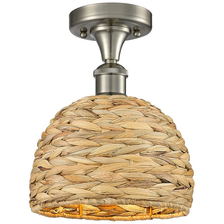 Image 1 Ballston Woven Rattan 8" Wide Satin Nickel Ceiling Light
