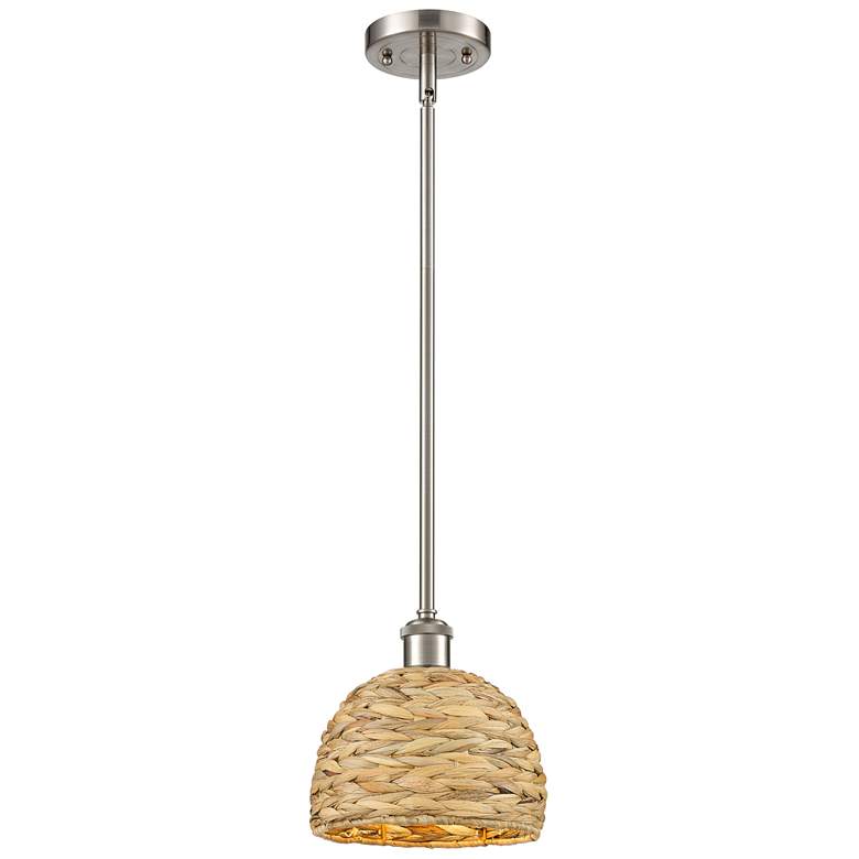 Image 1 Ballston Woven Rattan 8" Wide Satin Nickel Mini Pendant
