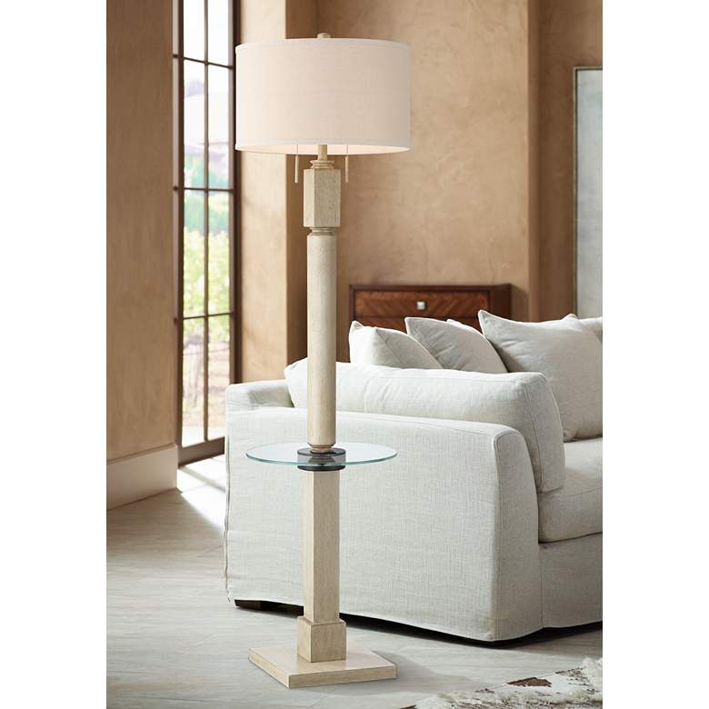 Baluster Coastal Modern Wood Floor Lamp with Tray Table and Dual USB Ports