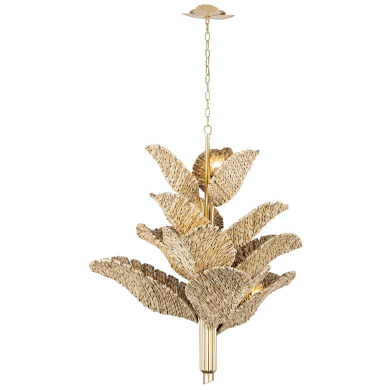 Image 2 Banana Leaf 12-Lt Chandelier - French Gold/Natural Seagrass more views